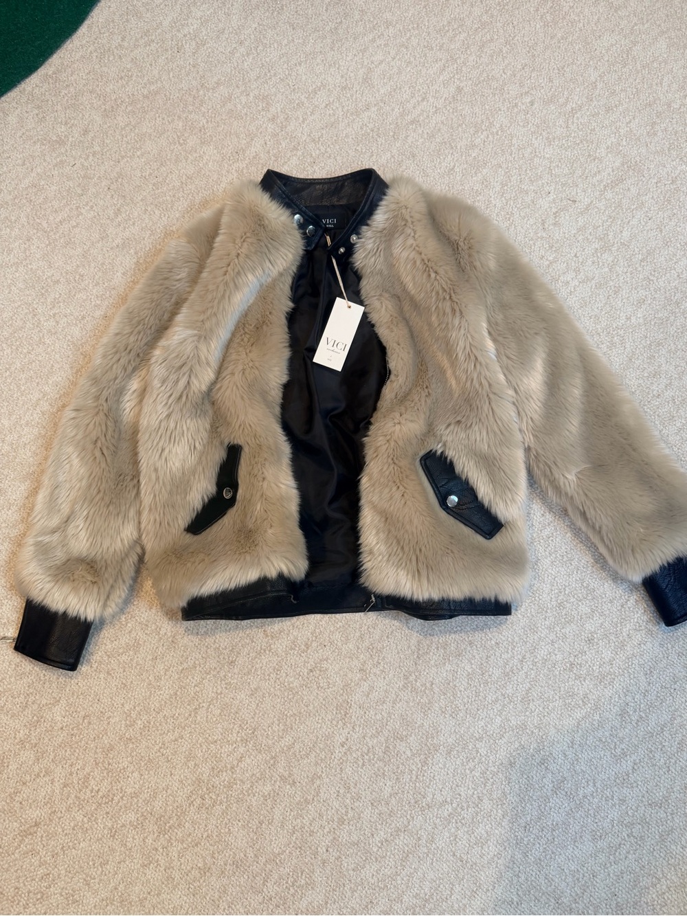 VICI Beige Faux Fur Bomber Jacket with Black Trim